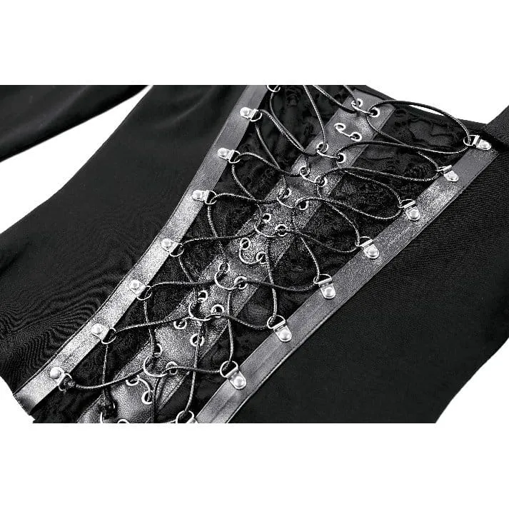 Punk-Damen-Top mit Schnürung, Schnallenriemen, eckigem Kragen und langen Ärmeln