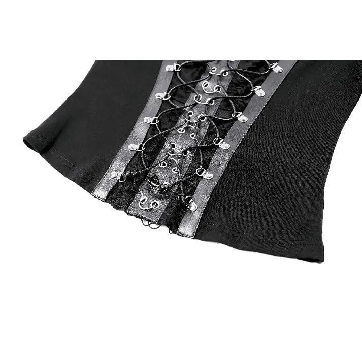 Punk-Damen-Top mit Schnürung, Schnallenriemen, eckigem Kragen und langen Ärmeln