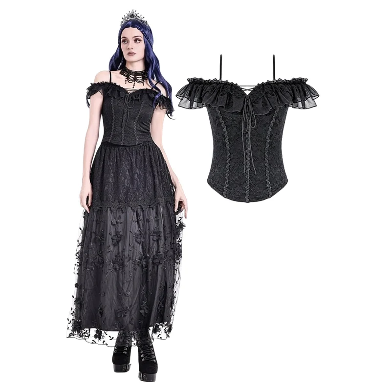 Gothic-Spitzentop für Damen mit Schnürung, Rüschen und schulterfreiem Ausschnitt