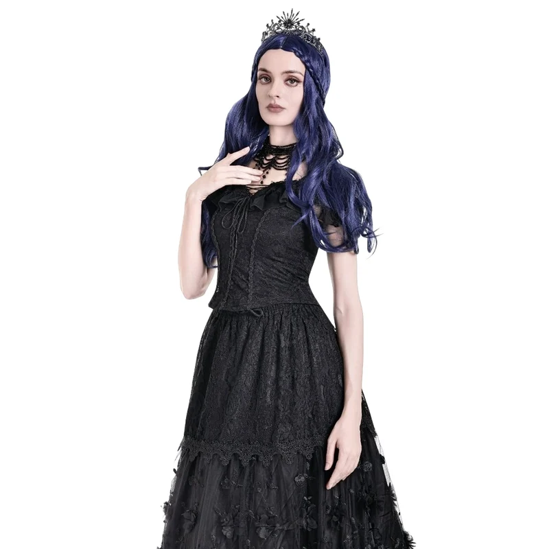 Gothic-Spitzentop für Damen mit Schnürung, Rüschen und schulterfreiem Ausschnitt