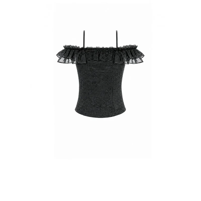 Gothic-Spitzentop für Damen mit Schnürung, Rüschen und schulterfreiem Ausschnitt