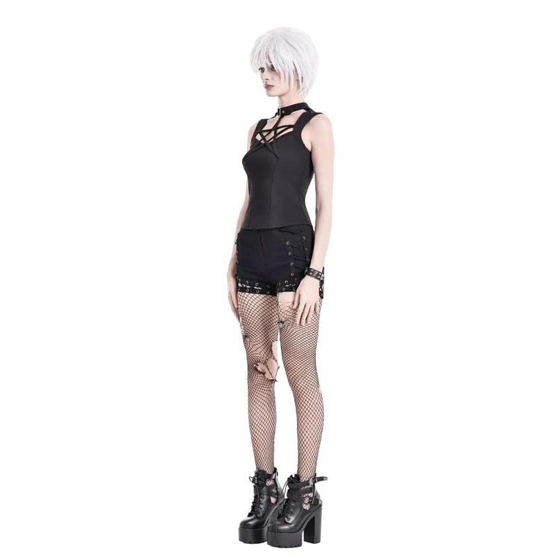 Gothic-Tanktop für Damen mit Ausschnitt, Pentagramm und Schnalle