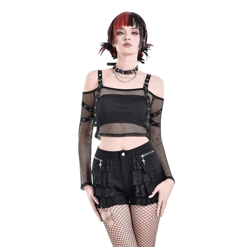 Punk-Langarmtop für Damen mit Ösenverschluss und Mesh-Einsätzen