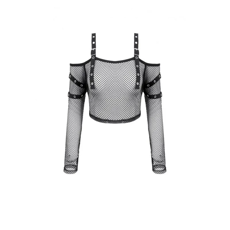 Punk-Langarmtop für Damen mit Ösenverschluss und Mesh-Einsätzen