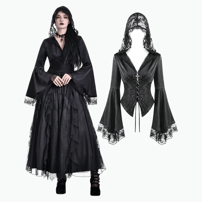 Gothic-Bluse für Damen mit Schnürung, tiefem V-Ausschnitt, Kapuze und ausgestellten Ärmeln