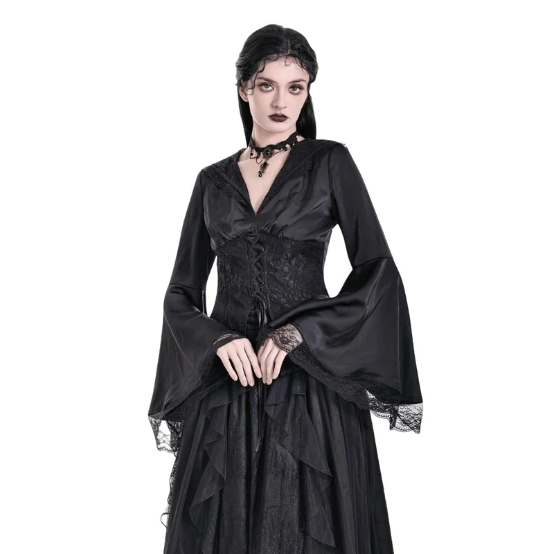 Gothic-Bluse für Damen mit Schnürung, tiefem V-Ausschnitt, Kapuze und ausgestellten Ärmeln
