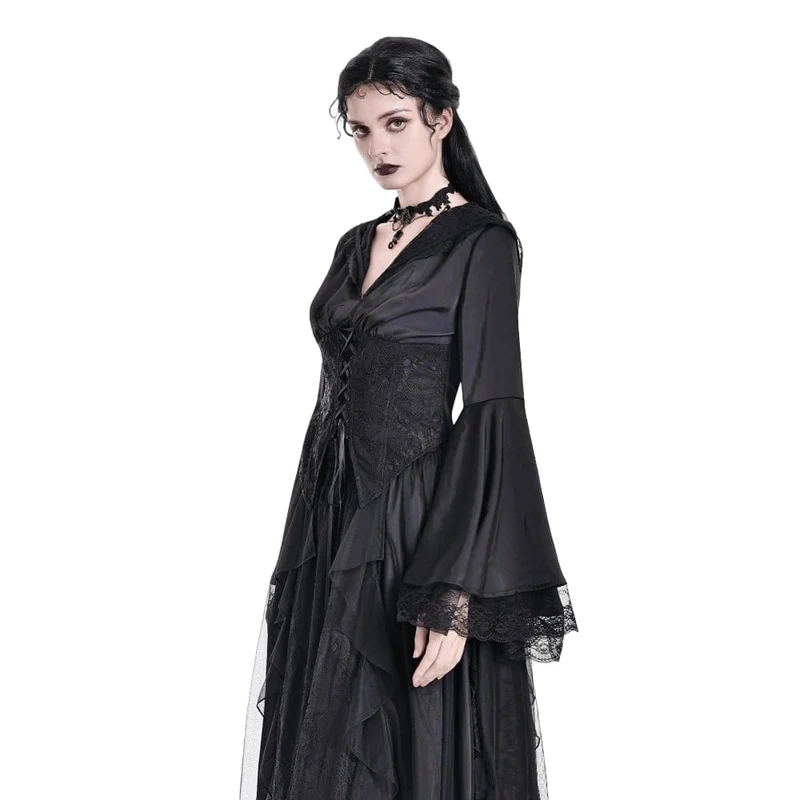 Gothic-Bluse für Damen mit Schnürung, tiefem V-Ausschnitt, Kapuze und ausgestellten Ärmeln