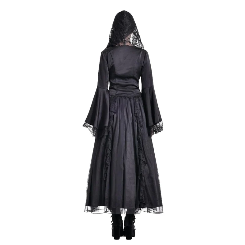 Gothic-Bluse für Damen mit Schnürung, tiefem V-Ausschnitt, Kapuze und ausgestellten Ärmeln