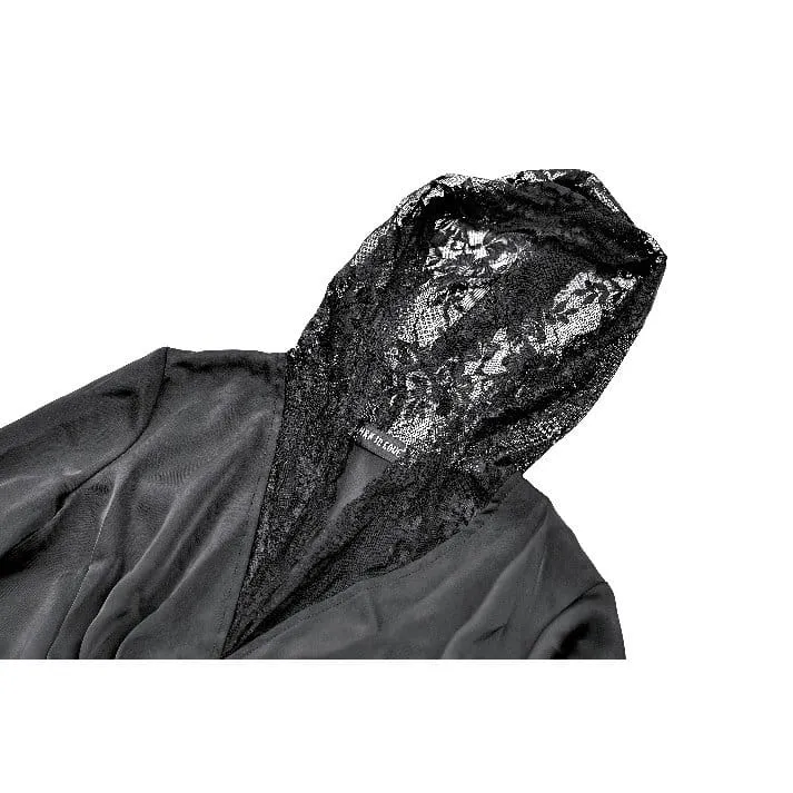 Gothic-Bluse für Damen mit Schnürung, tiefem V-Ausschnitt, Kapuze und ausgestellten Ärmeln