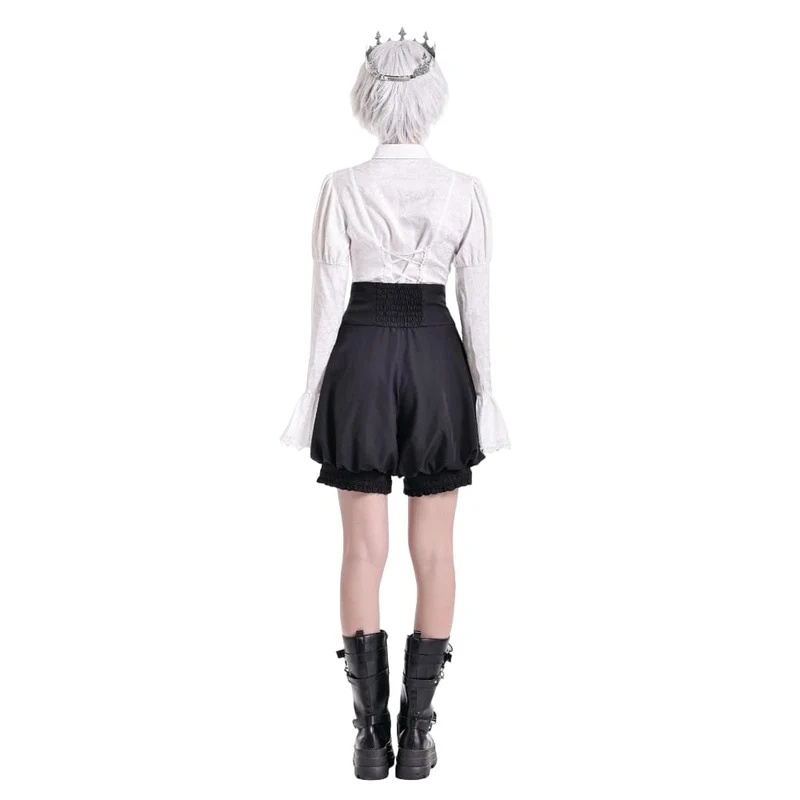 Gothic-Shorts für Damen mit hohem Bund, gekreuztem Reißverschluss, gravierten Knöpfen und Kürbisdekor