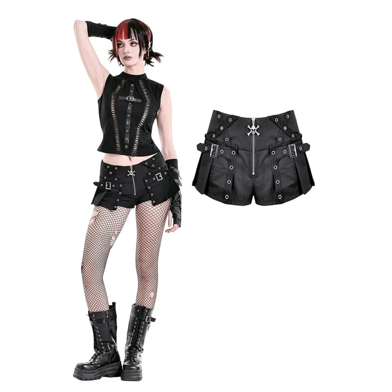 Punk-Mini-Plissees für Damen mit Ösen, Schnallenriemen, Reißverschluss und Falten