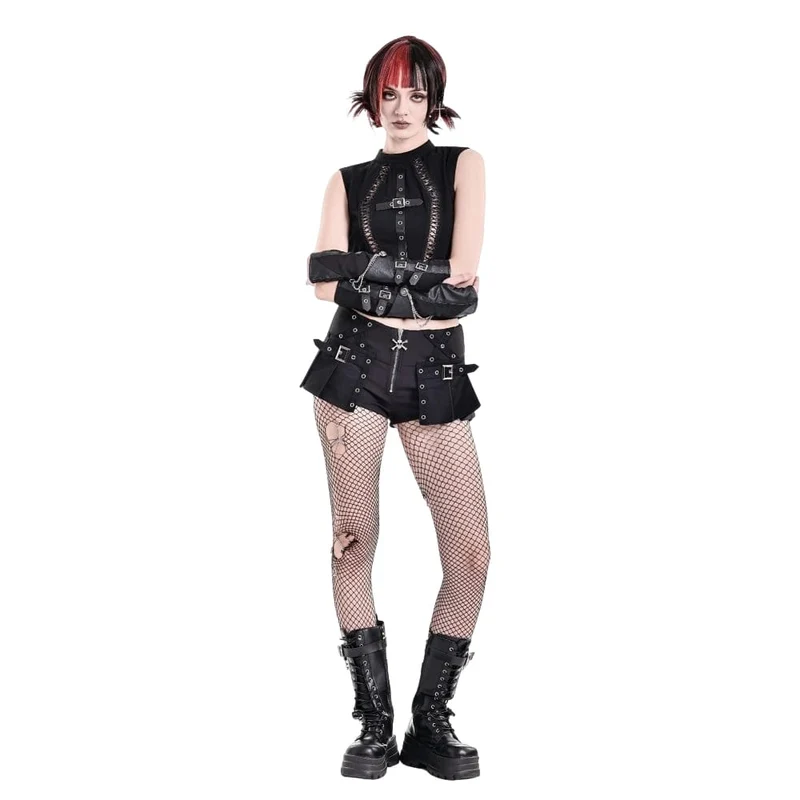 Punk-Mini-Plissees für Damen mit Ösen, Schnallenriemen, Reißverschluss und Falten