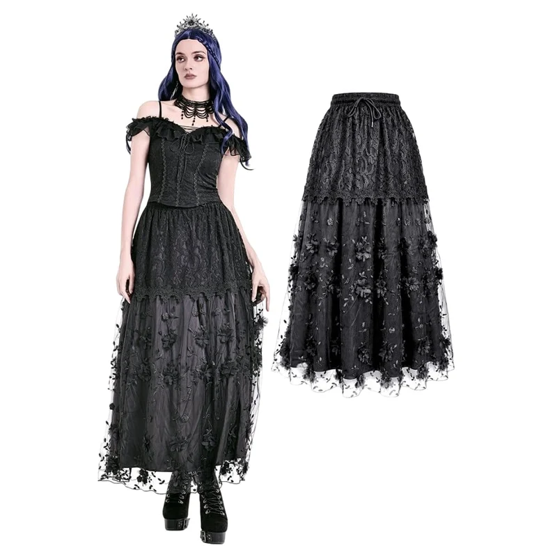 Gothic-Maxirock für Damen mit 3D-Blumenapplikationen und Rankenstickerei, gestuft