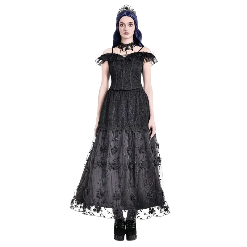 Gothic-Maxirock für Damen mit 3D-Blumenapplikationen und Rankenstickerei, gestuft