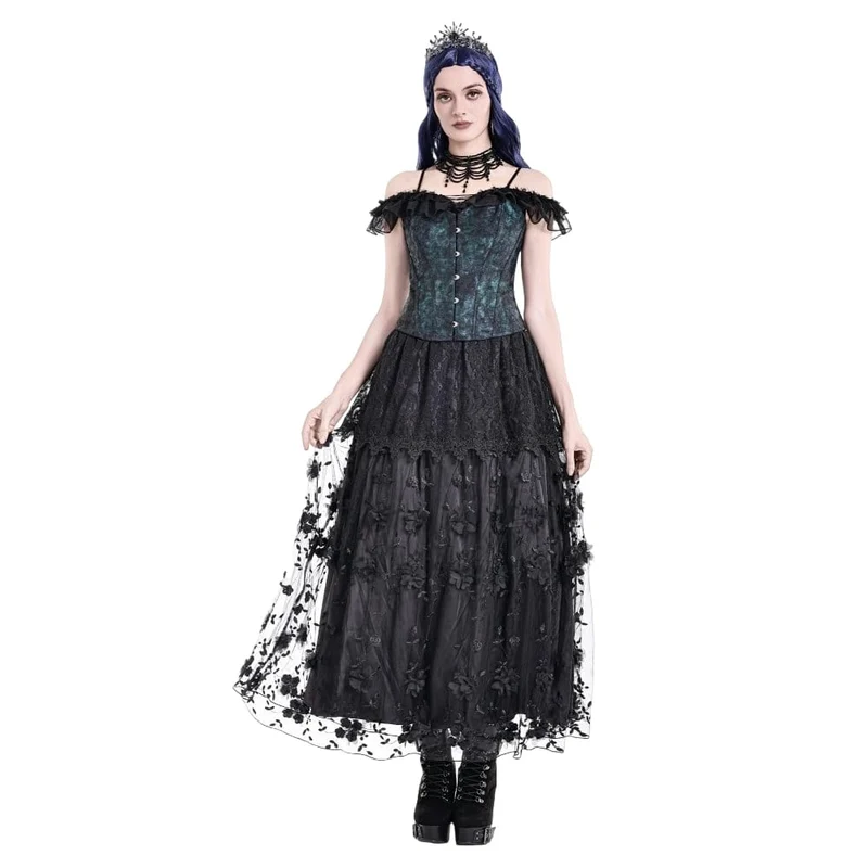 Gothic-Maxirock für Damen mit 3D-Blumenapplikationen und Rankenstickerei, gestuft