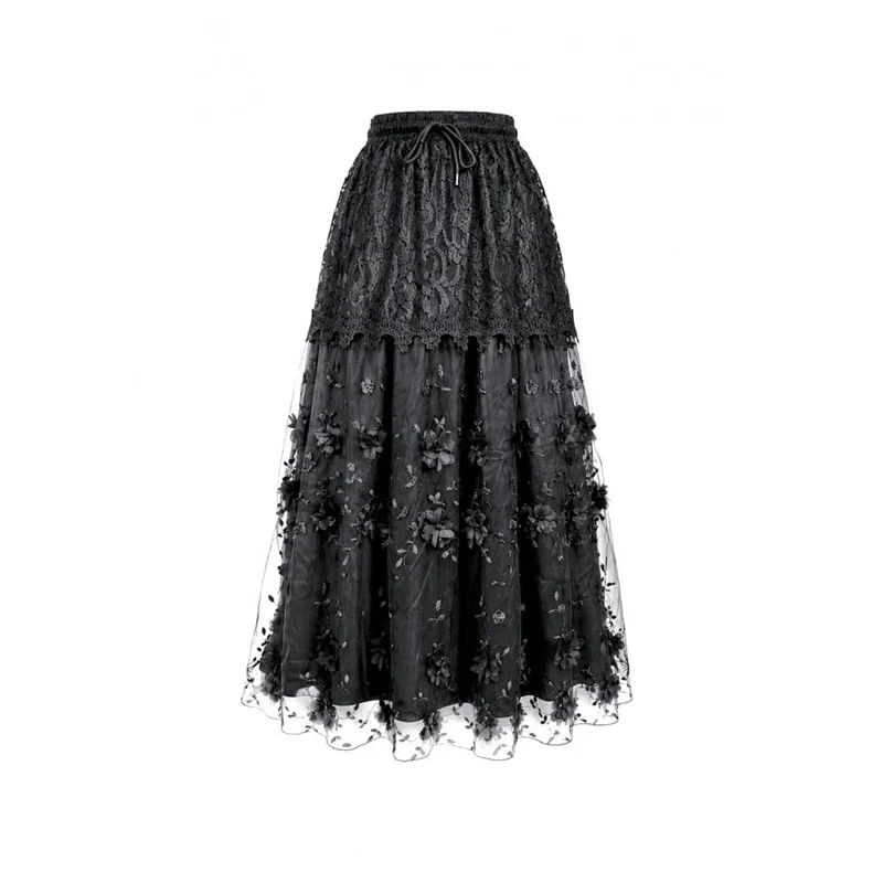 Gothic-Maxirock für Damen mit 3D-Blumenapplikationen und Rankenstickerei, gestuft