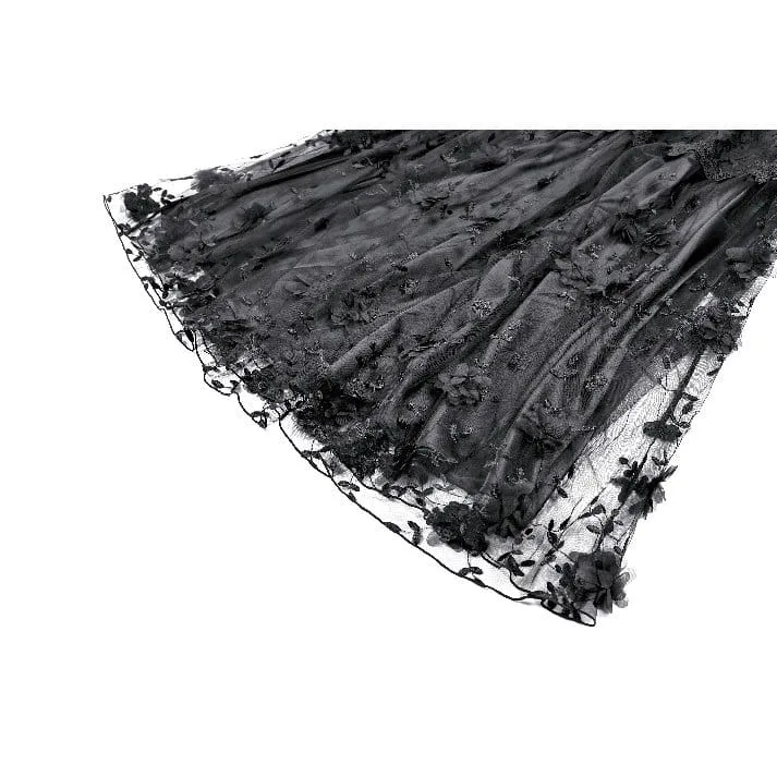 Gothic-Maxirock für Damen mit 3D-Blumenapplikationen und Rankenstickerei, gestuft