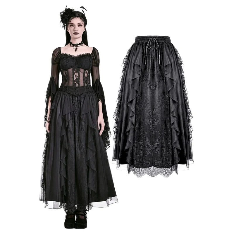 Gothic-Retro-Maxirock aus Rüschen, mehrlagiger Spitze und Mesh für Damen