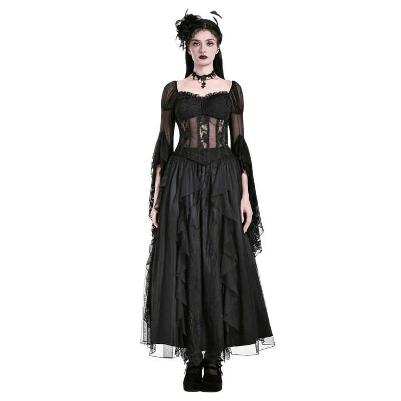 Gothic-Retro-Maxirock aus Rüschen, mehrlagiger Spitze und Mesh für Damen