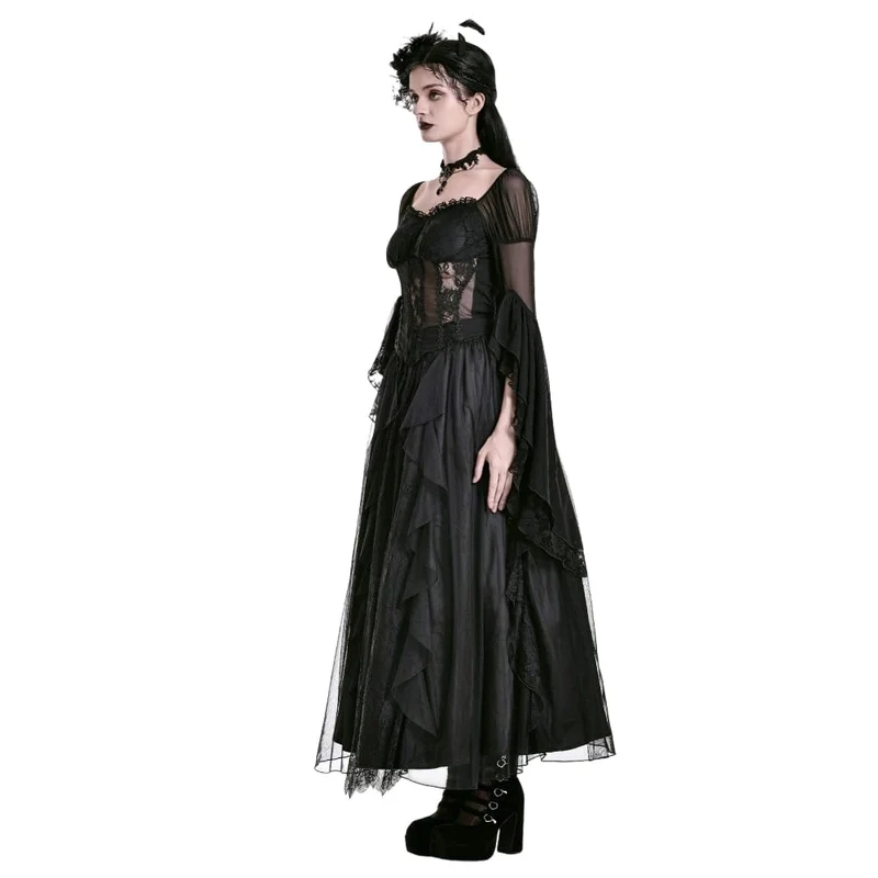 Gothic-Retro-Maxirock aus Rüschen, mehrlagiger Spitze und Mesh für Damen