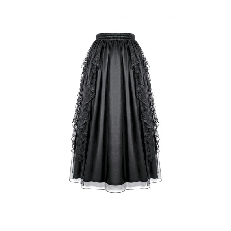 Gothic-Retro-Maxirock aus Rüschen, mehrlagiger Spitze und Mesh für Damen