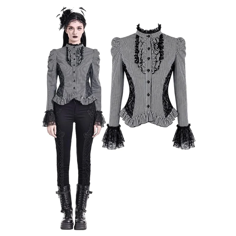 Gothic-Bluse für Damen mit Rüschen, Spitzen-Patchwork und Nadelstreifen, langen Ärmeln