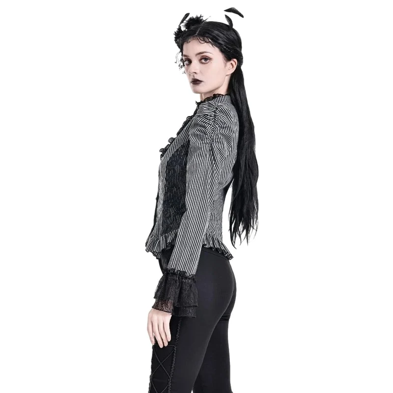 Gothic-Bluse für Damen mit Rüschen, Spitzen-Patchwork und Nadelstreifen, langen Ärmeln