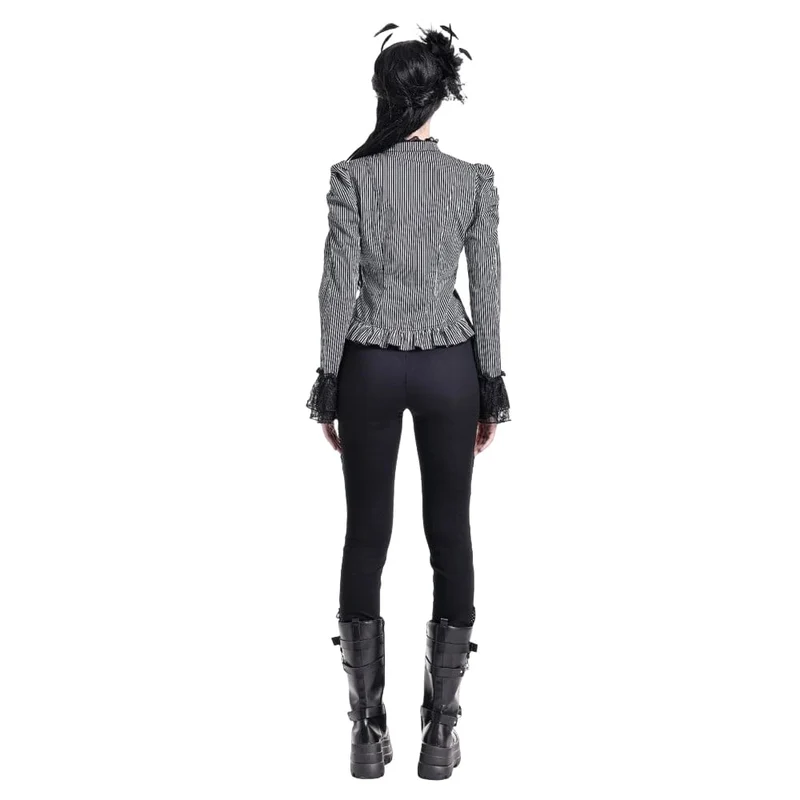 Gothic-Bluse für Damen mit Rüschen, Spitzen-Patchwork und Nadelstreifen, langen Ärmeln