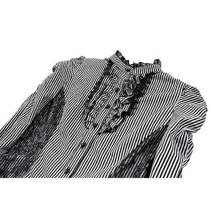 Gothic-Bluse für Damen mit Rüschen, Spitzen-Patchwork und Nadelstreifen, langen Ärmeln