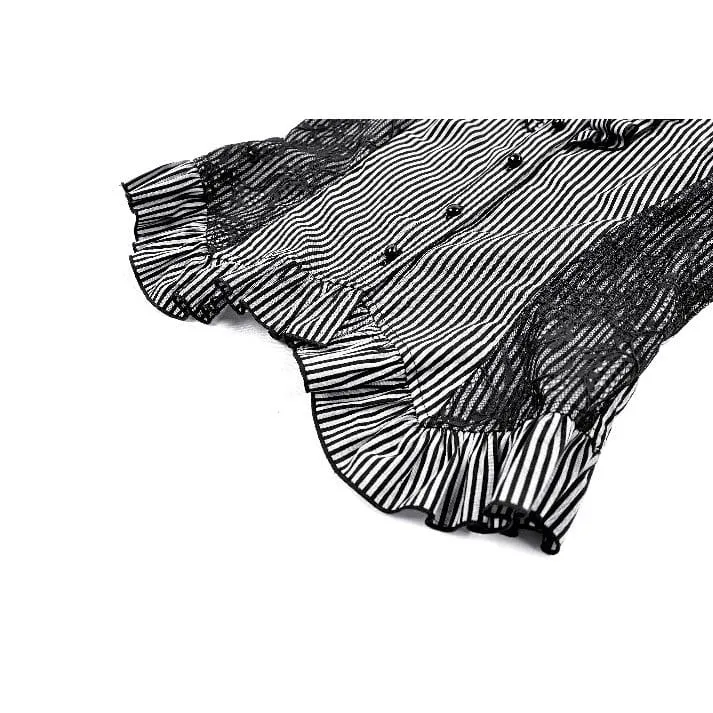 Gothic-Bluse für Damen mit Rüschen, Spitzen-Patchwork und Nadelstreifen, langen Ärmeln