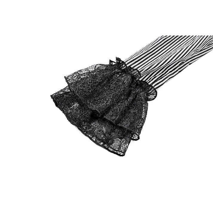 Gothic-Bluse für Damen mit Rüschen, Spitzen-Patchwork und Nadelstreifen, langen Ärmeln