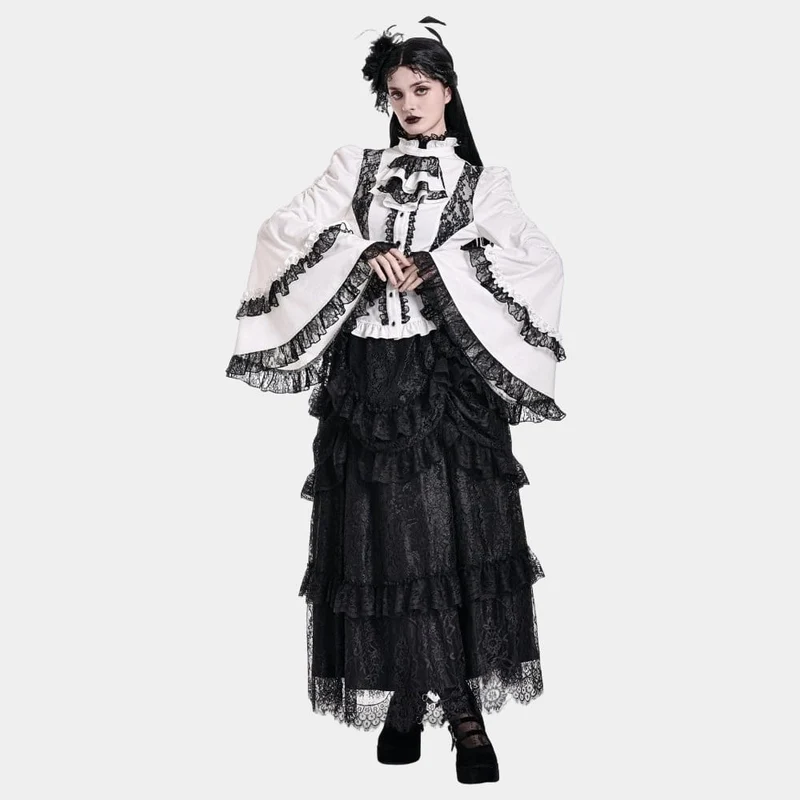 Gothic-Bluse für Damen mit Spitzeneinsatz, Rüschen, kontrastfarbenen Glockenärmeln und abnehmbarem Halsband