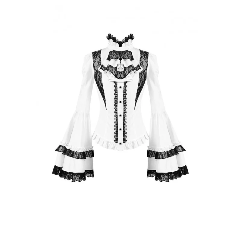 Gothic-Bluse für Damen mit Spitzeneinsatz, Rüschen, kontrastfarbenen Glockenärmeln und abnehmbarem Halsband