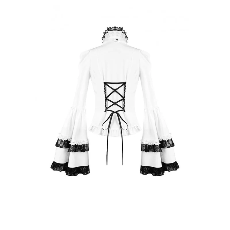 Gothic-Bluse für Damen mit Spitzeneinsatz, Rüschen, kontrastfarbenen Glockenärmeln und abnehmbarem Halsband