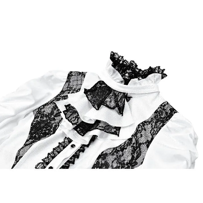 Gothic-Bluse für Damen mit Spitzeneinsatz, Rüschen, kontrastfarbenen Glockenärmeln und abnehmbarem Halsband