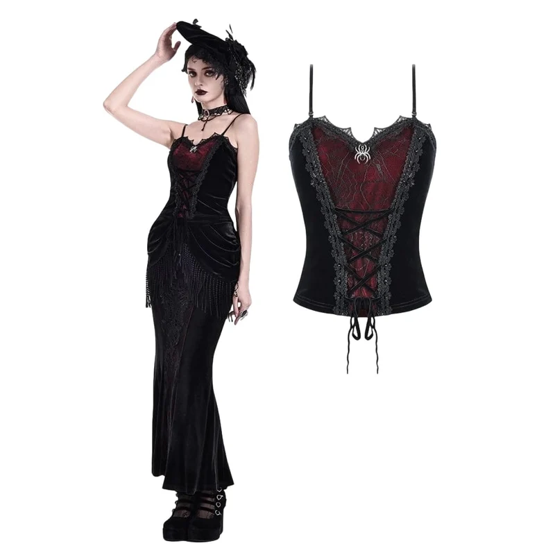 Gothic-Crop-Top für Damen mit Spinnenmuster, Schnürung und Kontrastfarben
