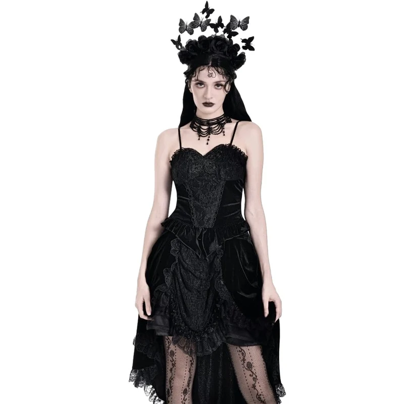 Gothic Crop-Top für Damen mit Blumenmuster, Schmetterlingsmotiv, Spitze und Samt