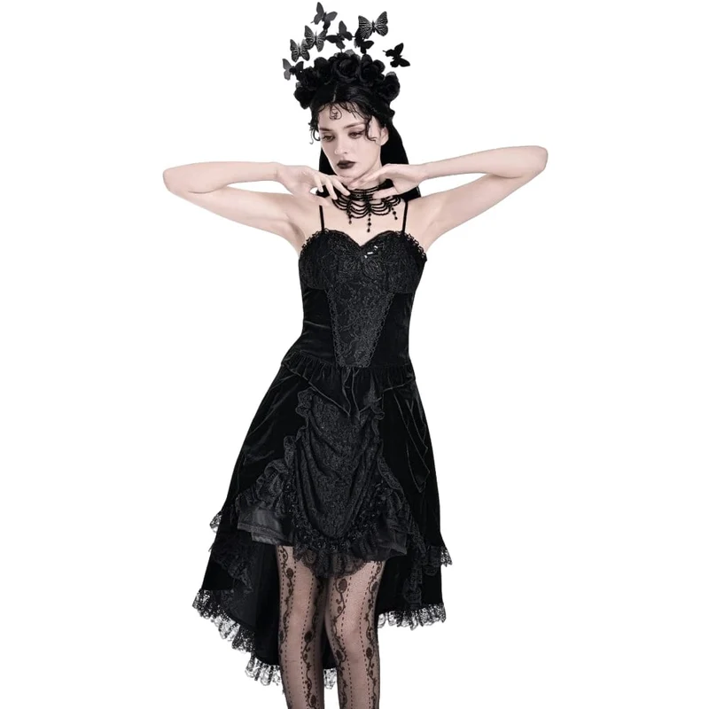 Gothic Crop-Top für Damen mit Blumenmuster, Schmetterlingsmotiv, Spitze und Samt
