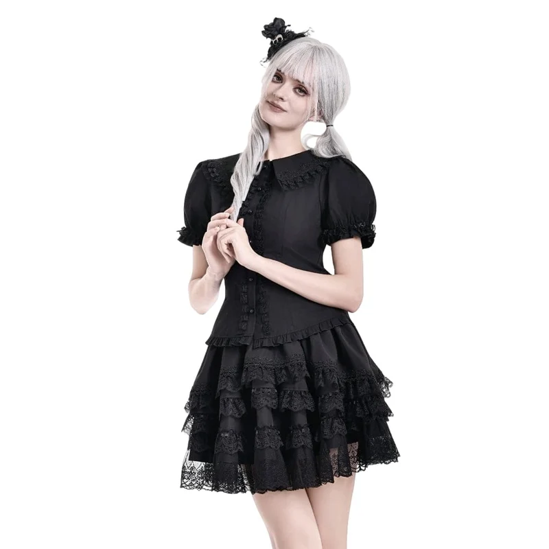 Gothic-Bluse für Damen mit Rüschen, Peter-Pan-Kragen, Puffärmeln und kurzen Ärmeln