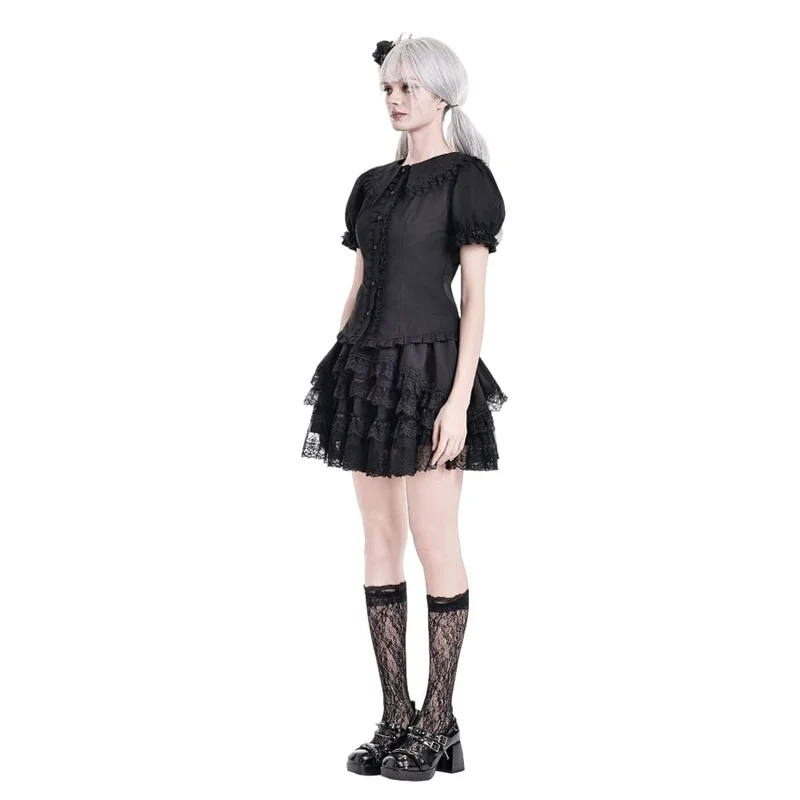 Gothic-Bluse für Damen mit Rüschen, Peter-Pan-Kragen, Puffärmeln und kurzen Ärmeln