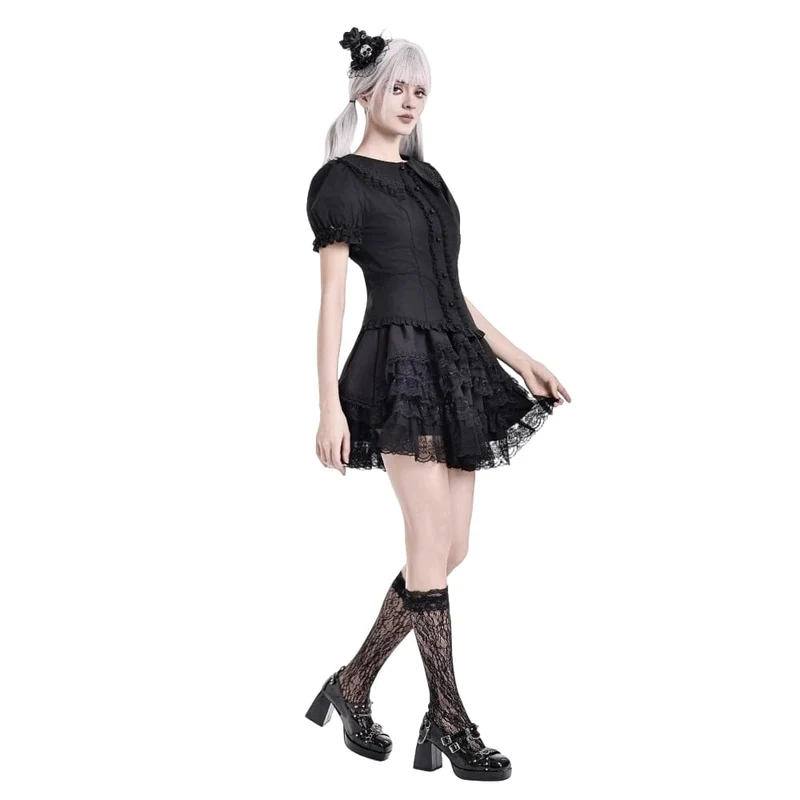 Gothic-Bluse für Damen mit Rüschen, Peter-Pan-Kragen, Puffärmeln und kurzen Ärmeln