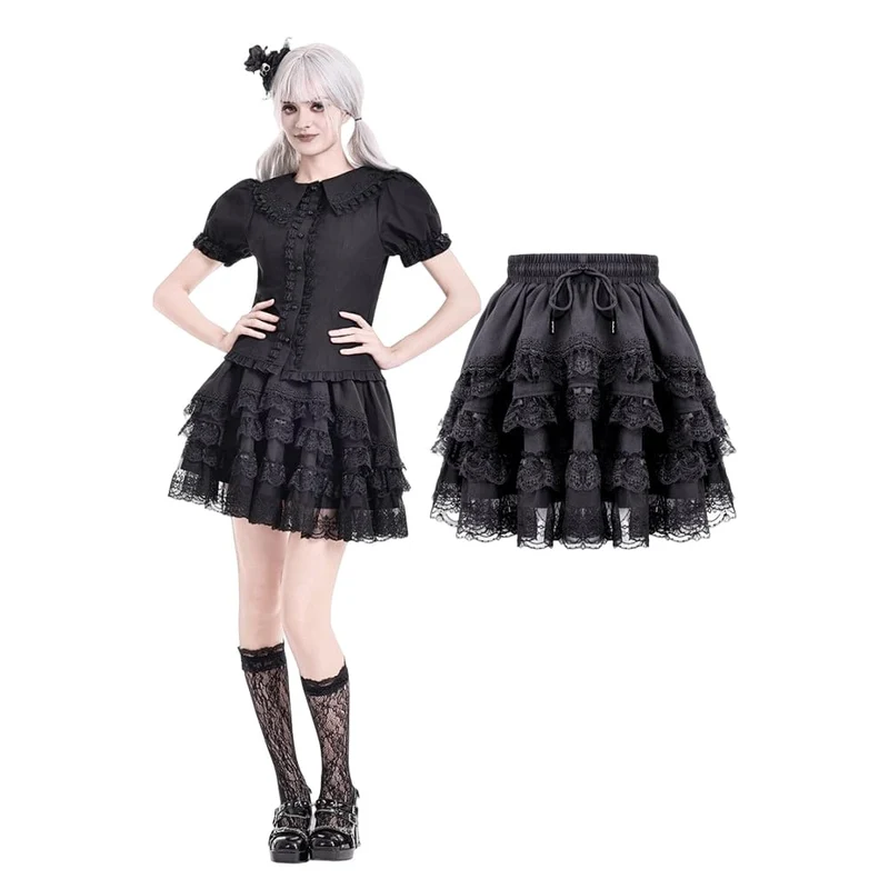 Gothic-Minirock für Damen mit mehrlagiger Spitze und Rüschenbesatz
