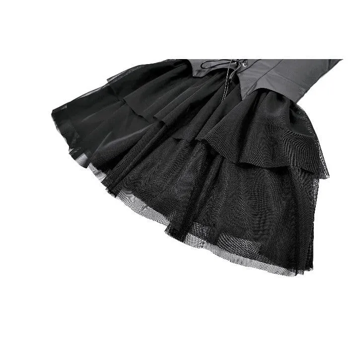 Gothic-Kleid für Damen mit Fledermausflügel-Schnitt, Schnürung und mehrlagigem Mesh-Saum, Abschlusskleid
