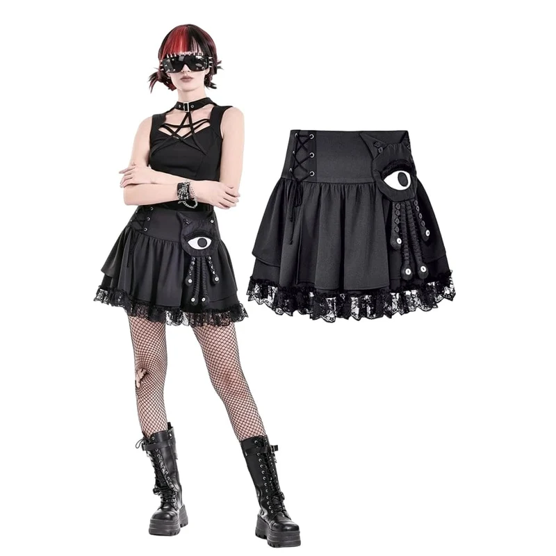 Punk-Minirock für Damen mit Schnürung, floralem Spitzen-Patchwork und Applikationen in Form eines bösen Blicks und Tentakeln