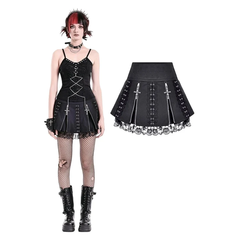 Punk Minirock für Damen mit floralem Spitzen-Patchwork und überkreuztem Reißverschluss