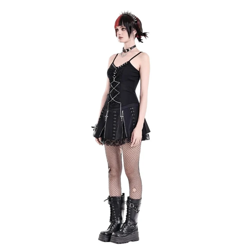 Punk Minirock für Damen mit floralem Spitzen-Patchwork und überkreuztem Reißverschluss