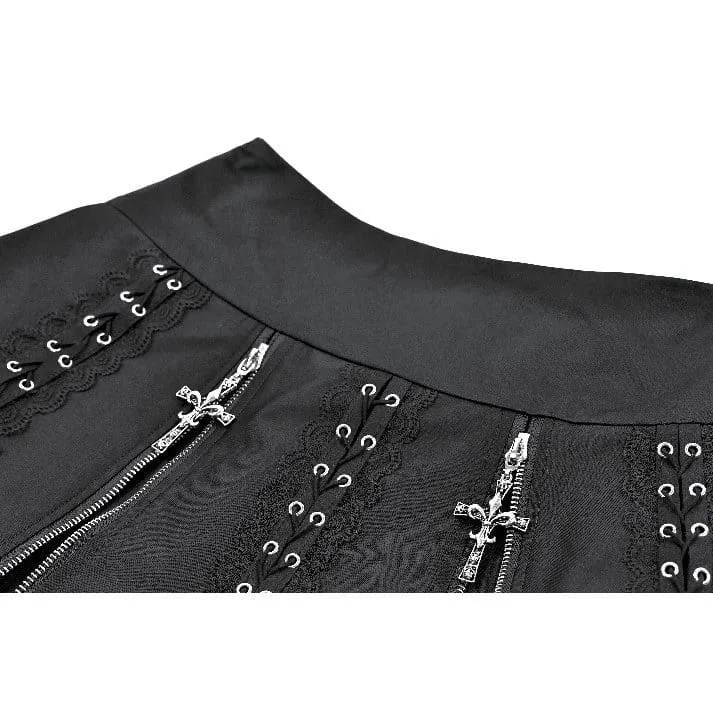 Punk Minirock für Damen mit floralem Spitzen-Patchwork und überkreuztem Reißverschluss