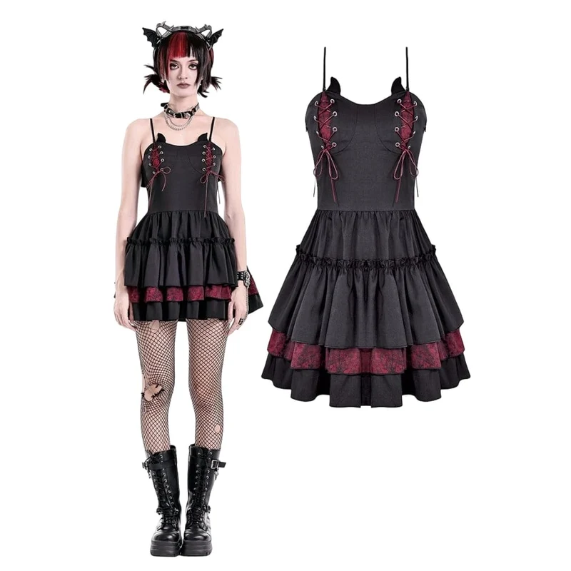 Gothic-Schnürkleid für Damen, zweifarbig, mit Rüschensaum und Lagenlook, Abschlusskleid