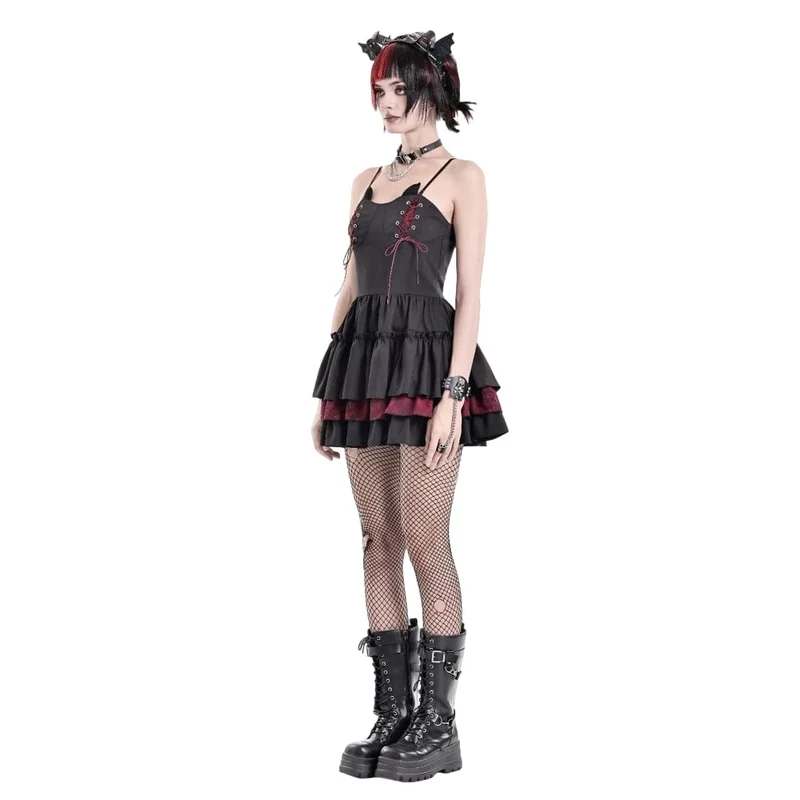 Gothic-Schnürkleid für Damen, zweifarbig, mit Rüschensaum und Lagenlook, Abschlusskleid