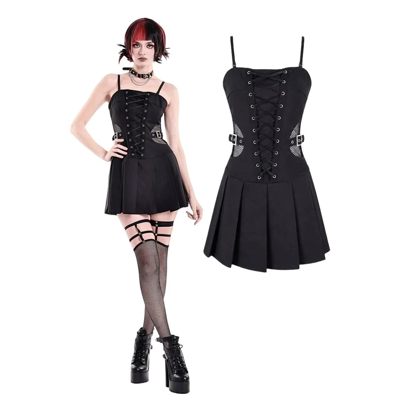 Punk-Slipkleid für Damen mit Schnallenriemen, Mesh-Einsätzen und plissiertem Saum – Abschlusskleid